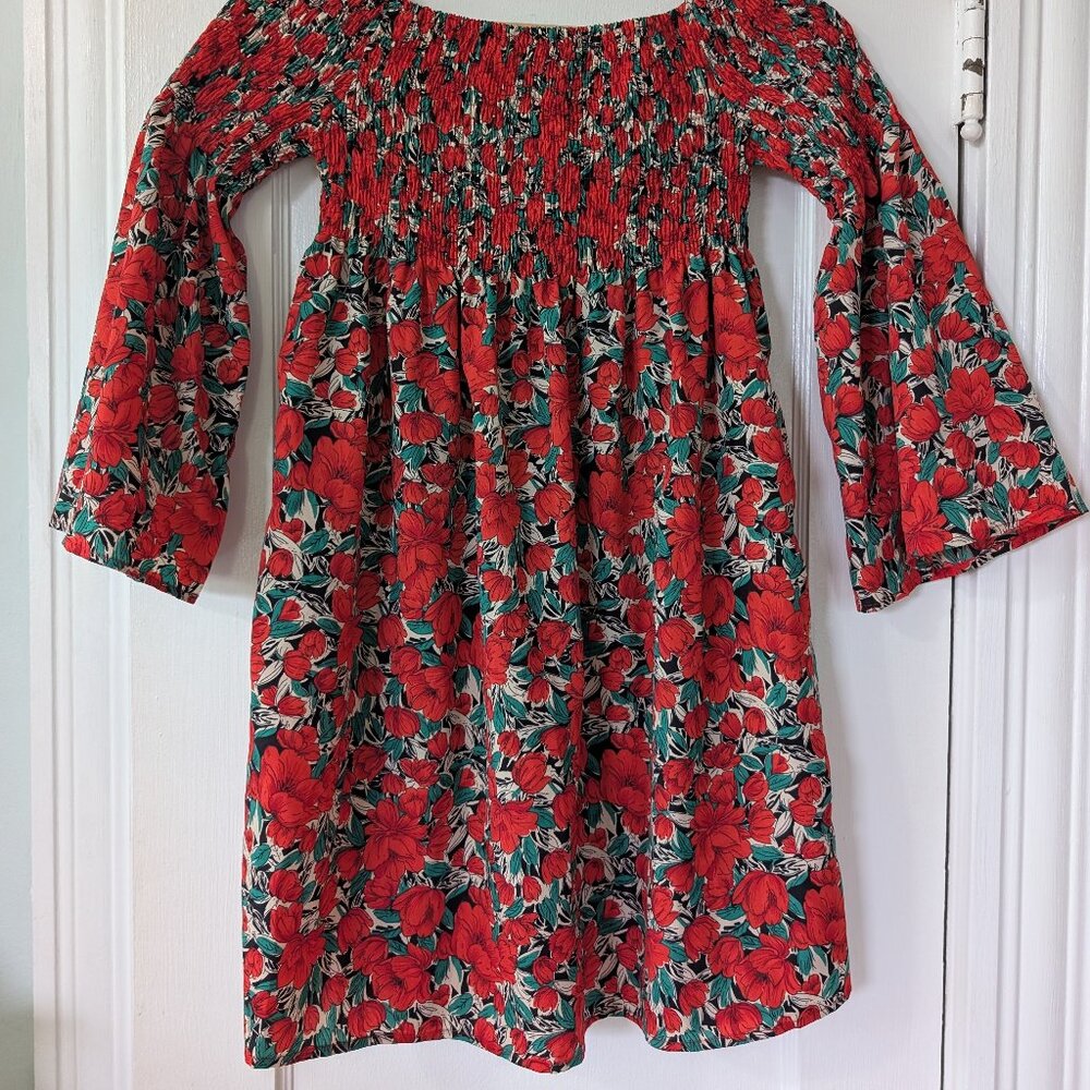 Women Floral Print Shirred Bodice Bardot Mini Dress Size M